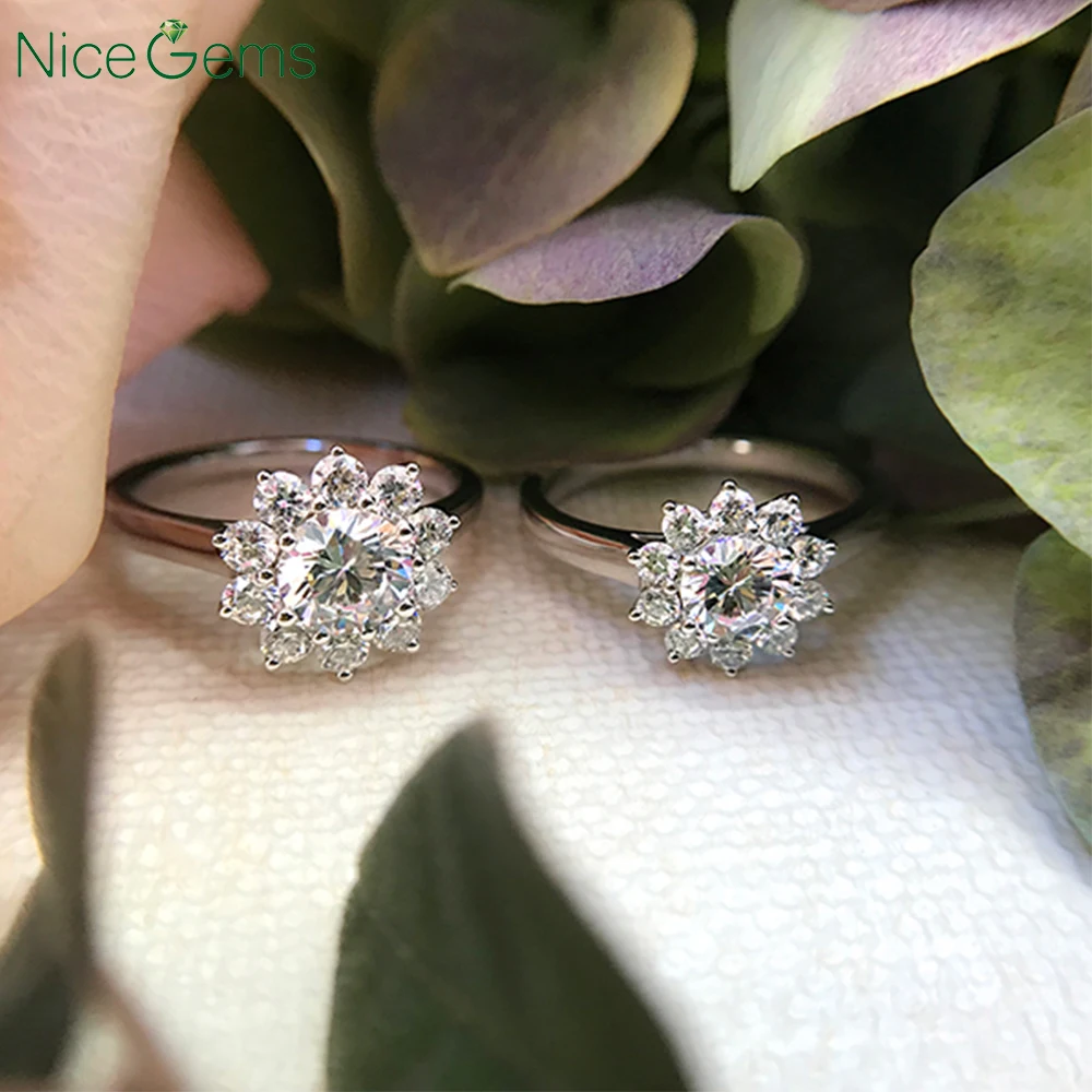 NiceGems 14K белое золото &quotЖасмин&quot кластер муассанит обручальное кольцо Круглый