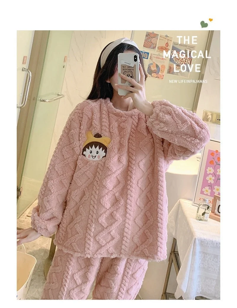 Pajamas Female Winter Coral Plush Thickened Plush Cute Cartoon Large Flannel Home Clothes Set  Pajamas for Teen Girls  Kawaii