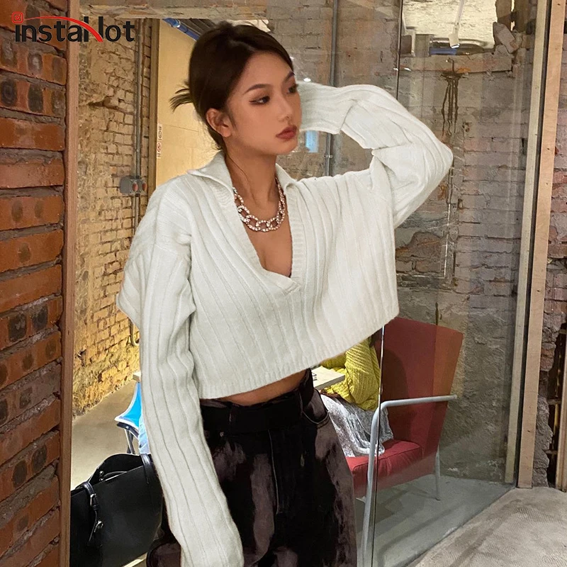 

InstaHot Women V-neck Jacquard Sweater Sexy Casual Long Sleeve Autumn 2021 Turn-down Collar Streetwear Cotton Warm Cropped Tops