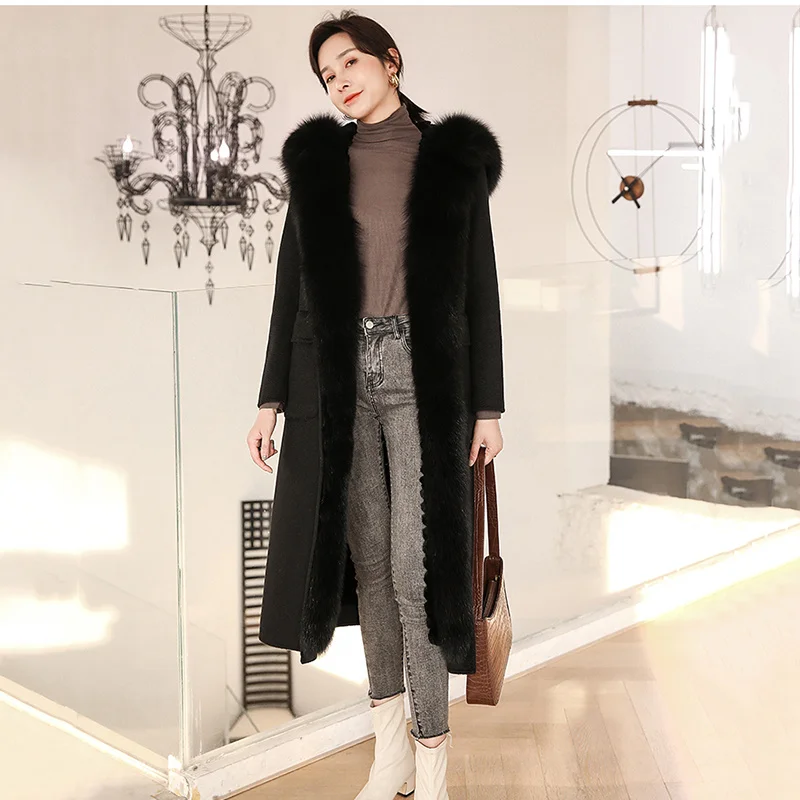 

SHZQ New Luxury Cashmere Coat Winter Women Jacket with Real Fur Fox Fur Hoody Trim Long Natural Sheared Sheep Woolen Jackets
