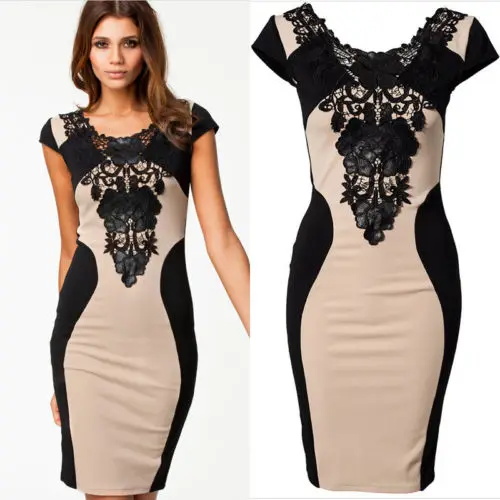 Hot Sale Fashion Slim O-Neck Women Lace Bodycon Dress Prom Party Summer Sexy Casual Cocktail Geometric MiniDress Beige M-XL