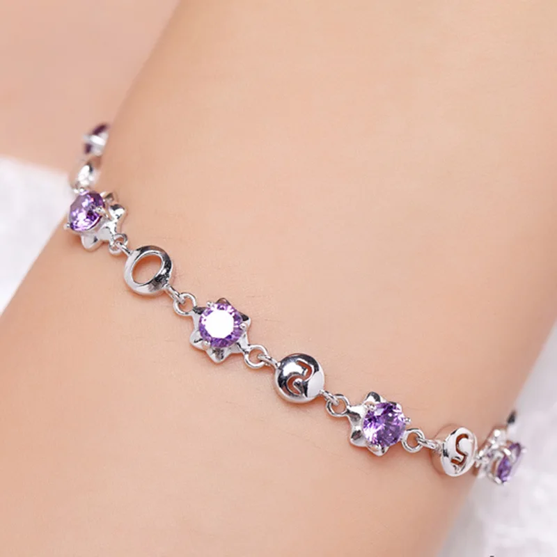 

925 Sterling Silver 17 To 19 Cm Bracelet Bizuteria Natural Amethyst Gemstone Pulseira Feminina Silver 925 Jewelry Bracelet Girls