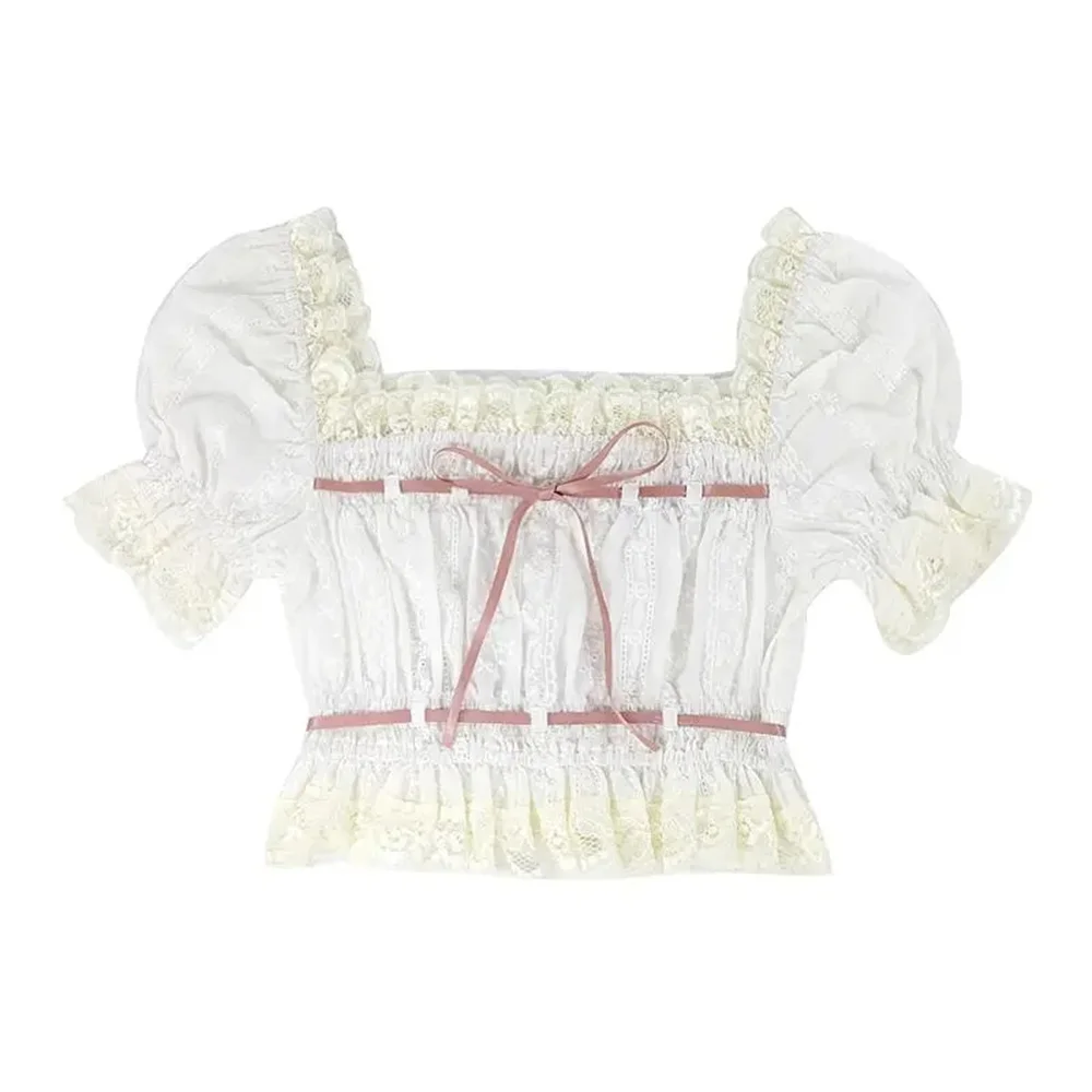 

Vintage Elegant White Short Tops Kawaii Sweet Clothing Square Collar Lolita Inside Puff Sleeve Summer New Lace Ruffles Bow Shirt