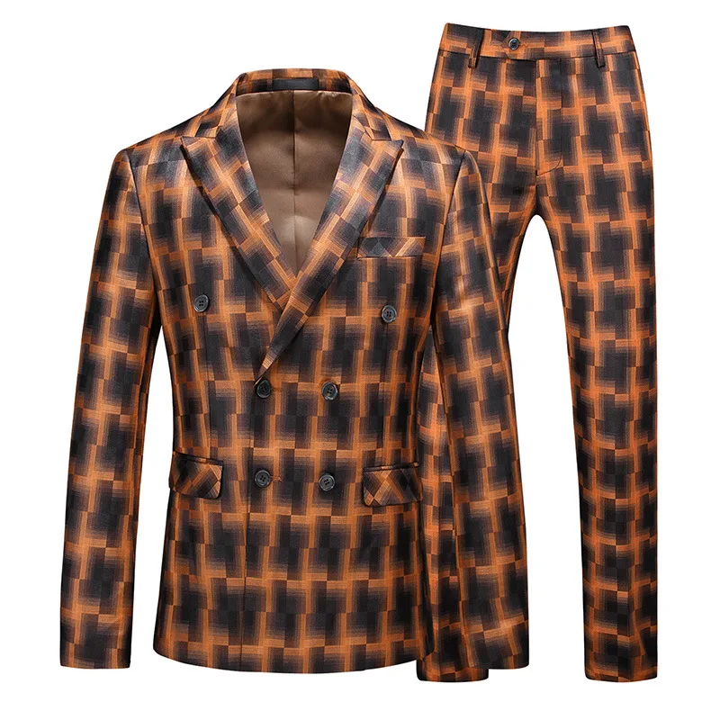 

2021 New Men's Plaid Printed Slim Double-Breasted Suit Youth Fashion Two-Piece Set Suit