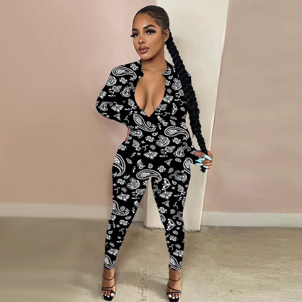 

Womens Jumpsuit Paisley Bandanna Print Romper Full Sleeve Deep V-neck Fitness Bodysuit Streetwear Black White Party Club Catsuit