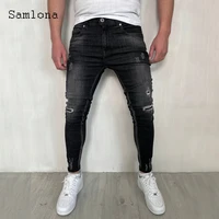 samlona plus size men jeans demin pants 2022 spring new hole ripped pants male zipper pockets trouser casual spliced demin pant