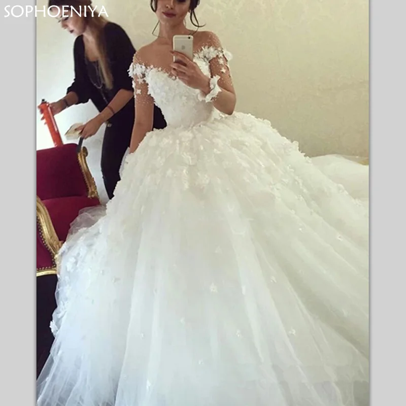

Dubai Saudi Muslim Wedding Dresses Lace Long Sleeves Tulle Boho Bridal Dresses Vestido De Noiva Ball Gown Wedding Gown