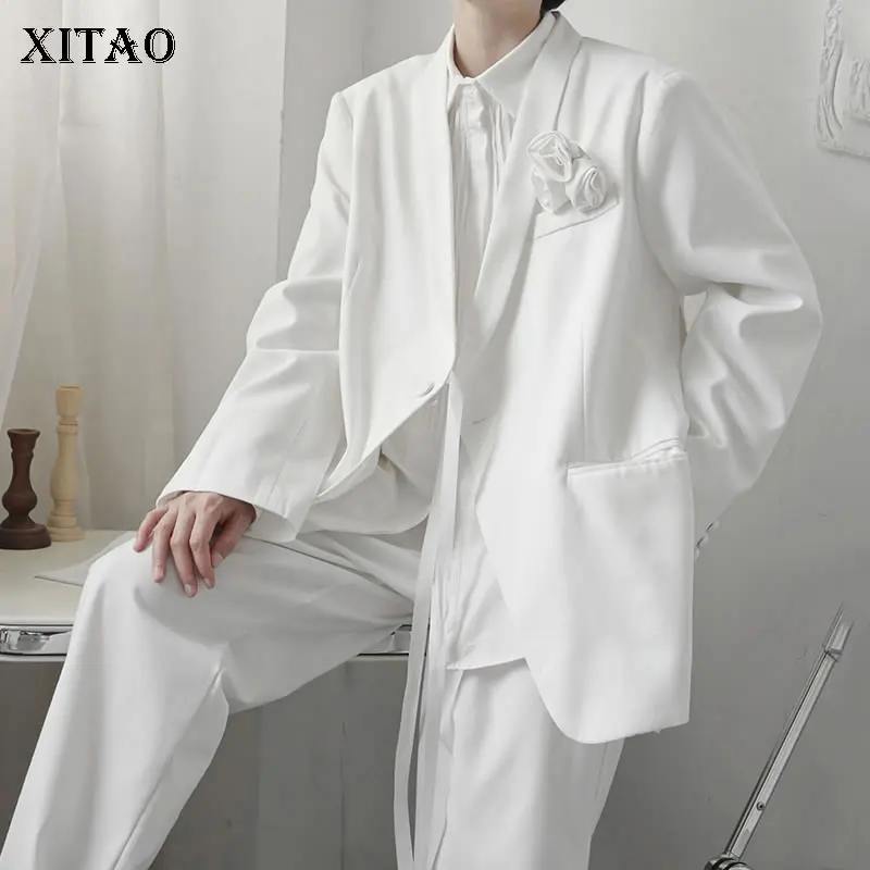 

XITAO, однотонный Новый Женский блейзер, пальто с разрезом, бандаж, трехмерные цветы, Сращивание, декорирование, мода 2021, осень, GWJ0660