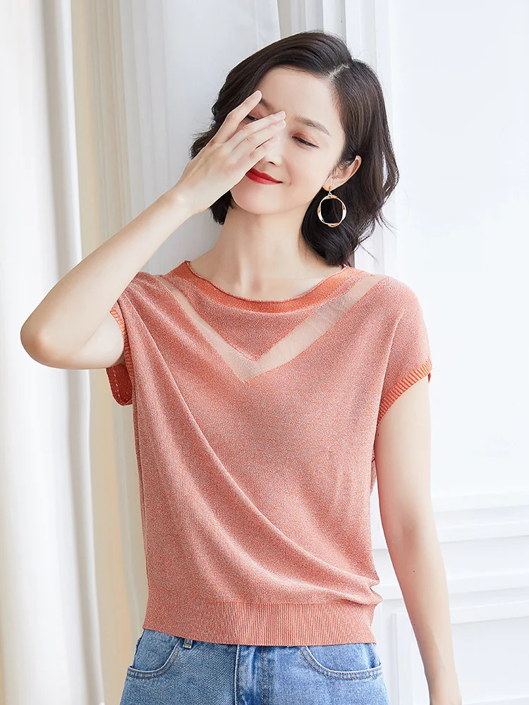 Женский трикотажный свитер с круглым вырезом коротким рукавом | Женская одежда