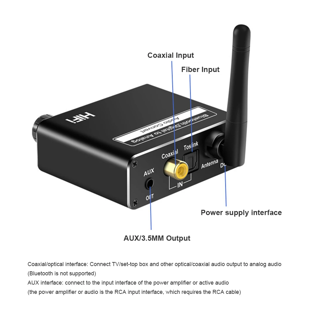 Digital to Analog Bluetooth-Compatible Receiver Audio Converter USB AUX 3.5 Jack RCA DAC Spdif Amplifier Decoder Optical Coaxial |