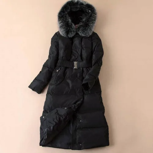 Black Tcyeek/зимняя куртка на утином пуху для женщин, длинное пуховое пальто, женская толстая куртка, одежда для женщин, натуральный Лисий мех, с капюшоном, теплое пальто Hiver W1271 - Цвет: Black