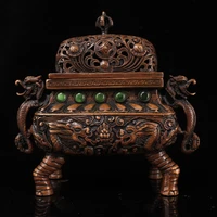 6chinese temple collection old bronze mosaic gem elephant foot incense burner dragon statue square incense ornaments town house