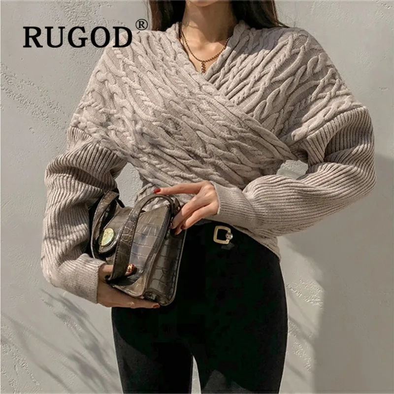 

Woman's Jersey Korean Casual Cross V-Neck Long Sleeve Oversized Short Sweater Female Fashion Winter Clothes YYQX06