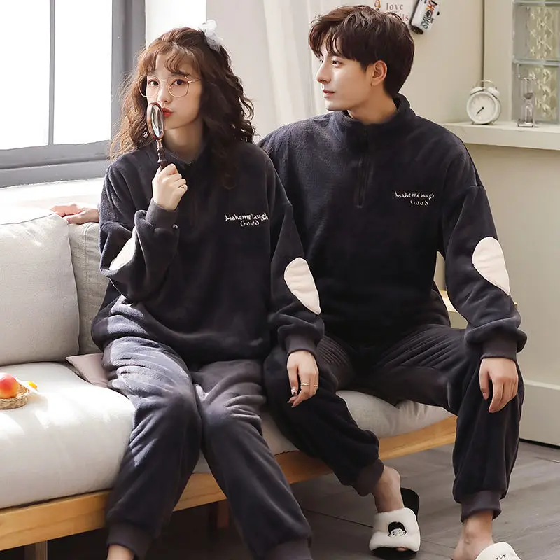 Ladies Pajamas Set Autumn and Winter Nightwear Warmth and Thickening Couple Home Service Long Sleeve Flannel Two-piece Suit