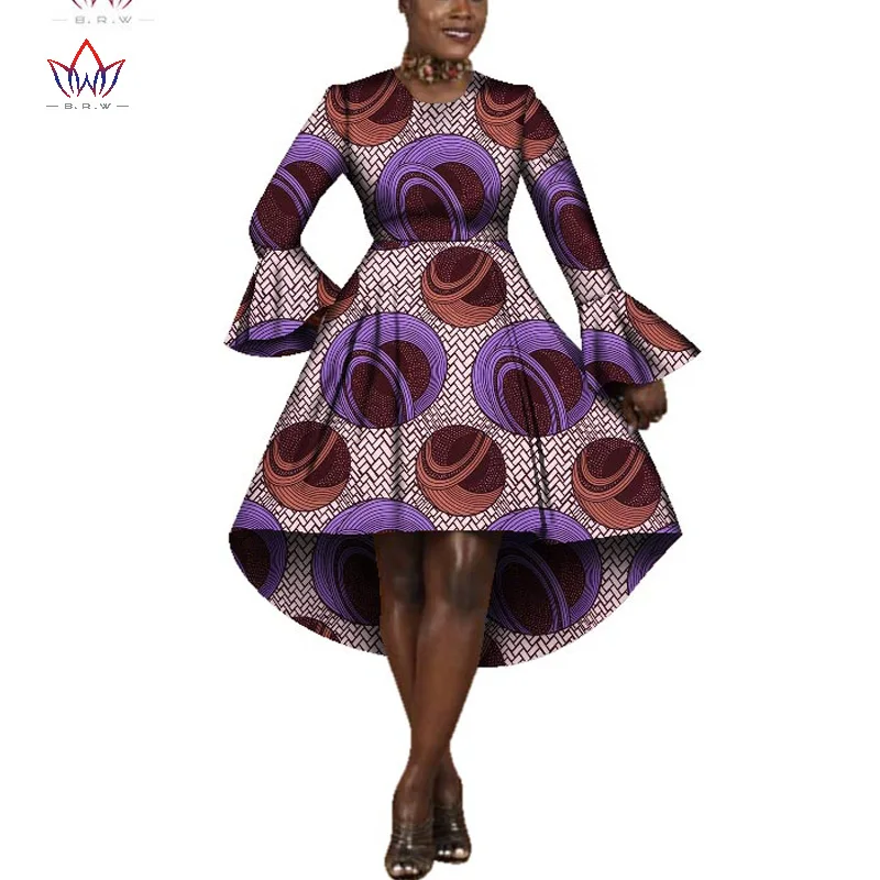 

African Dresses for Women Custom Women 2021 Long Flare Sleeve Dress O-Neck Bazin Rich Women African Print Clothing WY2313