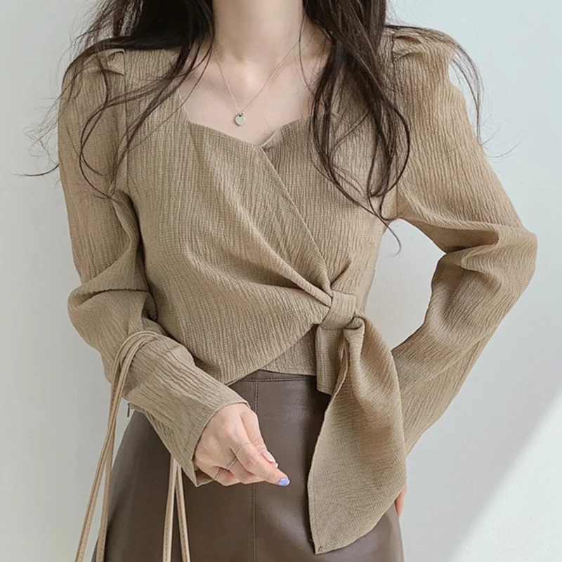 

Женский пуловер с длинным рукавом, приталенный Свободный пуловер неправильной формы с квадратным вырезом на шнуровке в Корейском стиле на ...