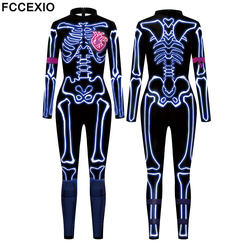FCCEXIO Новый 3D Хэллоуин вечерние костюм лазерный Bone линии косплей комбинезоны