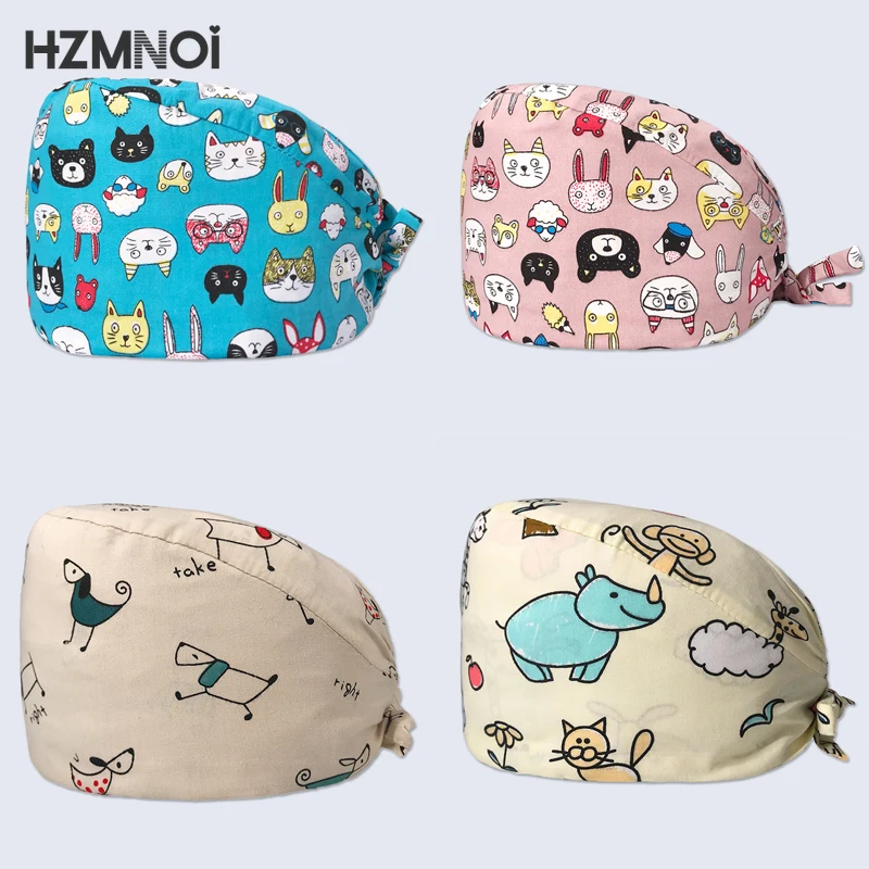 

Cartoon Printing Cotton Adjustable Nurse Cap Surgical Cap Woman Veterinary Pet Shop Scrub Hat Dentist Working Cap Scrub Cap