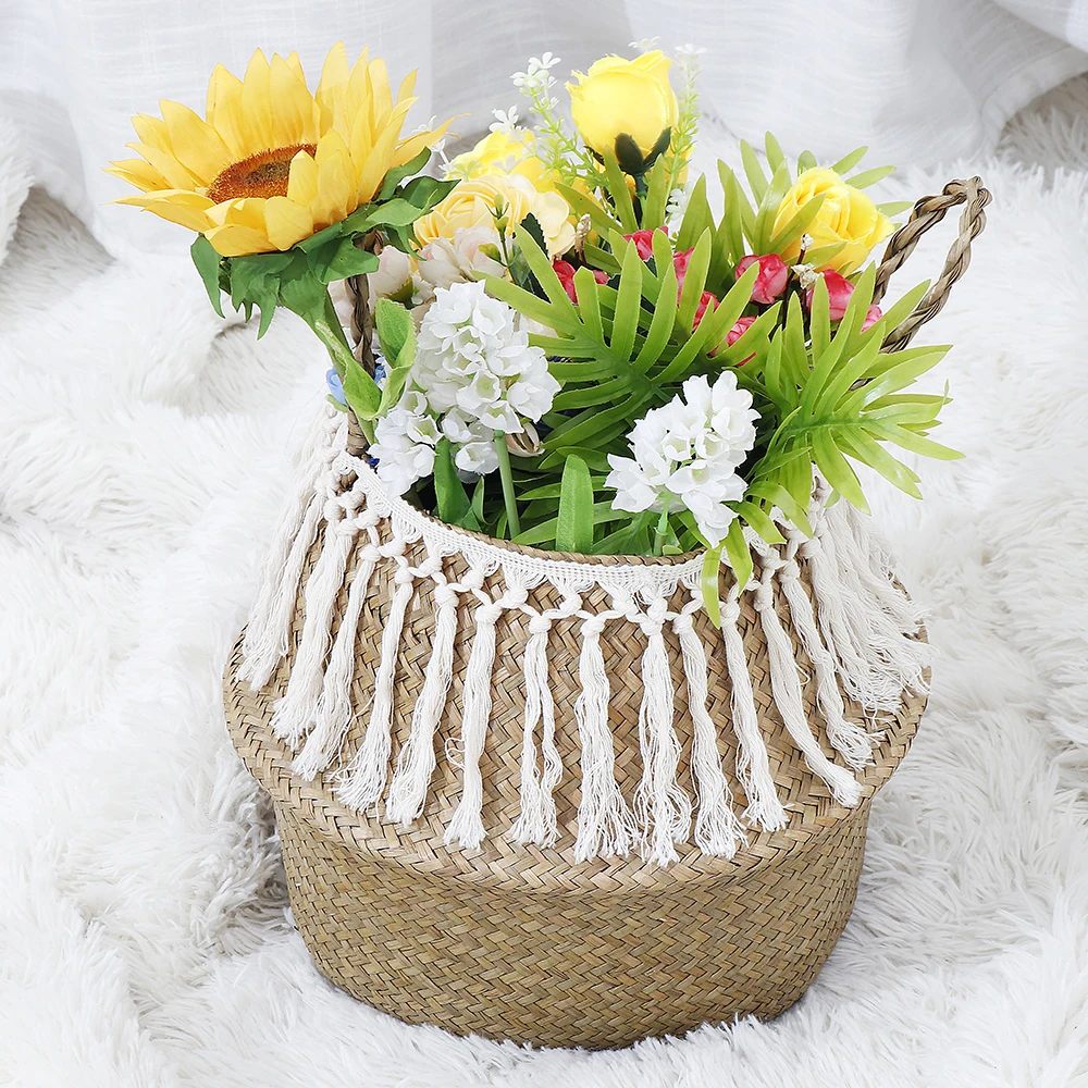 Handmade Home Decor Macrame Tassel Wicker Basket Seagrass Garden Flower Pot Foldable Laundry Storage Rattan Toy Holder | Дом и сад