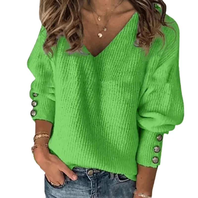 

Women V-Neck Knitted Sweater Pullovers Women Spring Autumn Basic Buttoned Jumper Sweaters Large Size 2XL Clothings