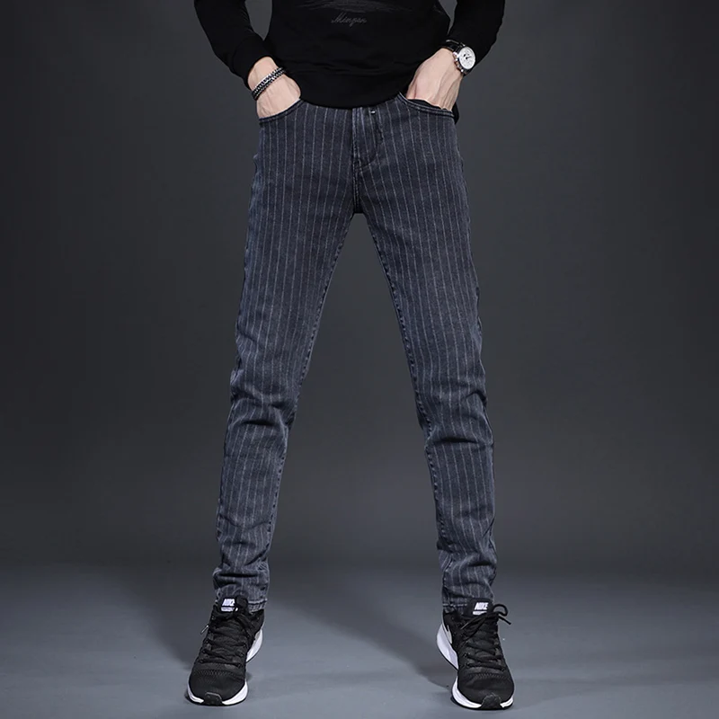 Men Striped Jeans Fashion Stretch Straight Fit Pants Autumn Winter Dark Gray Denim Trousers