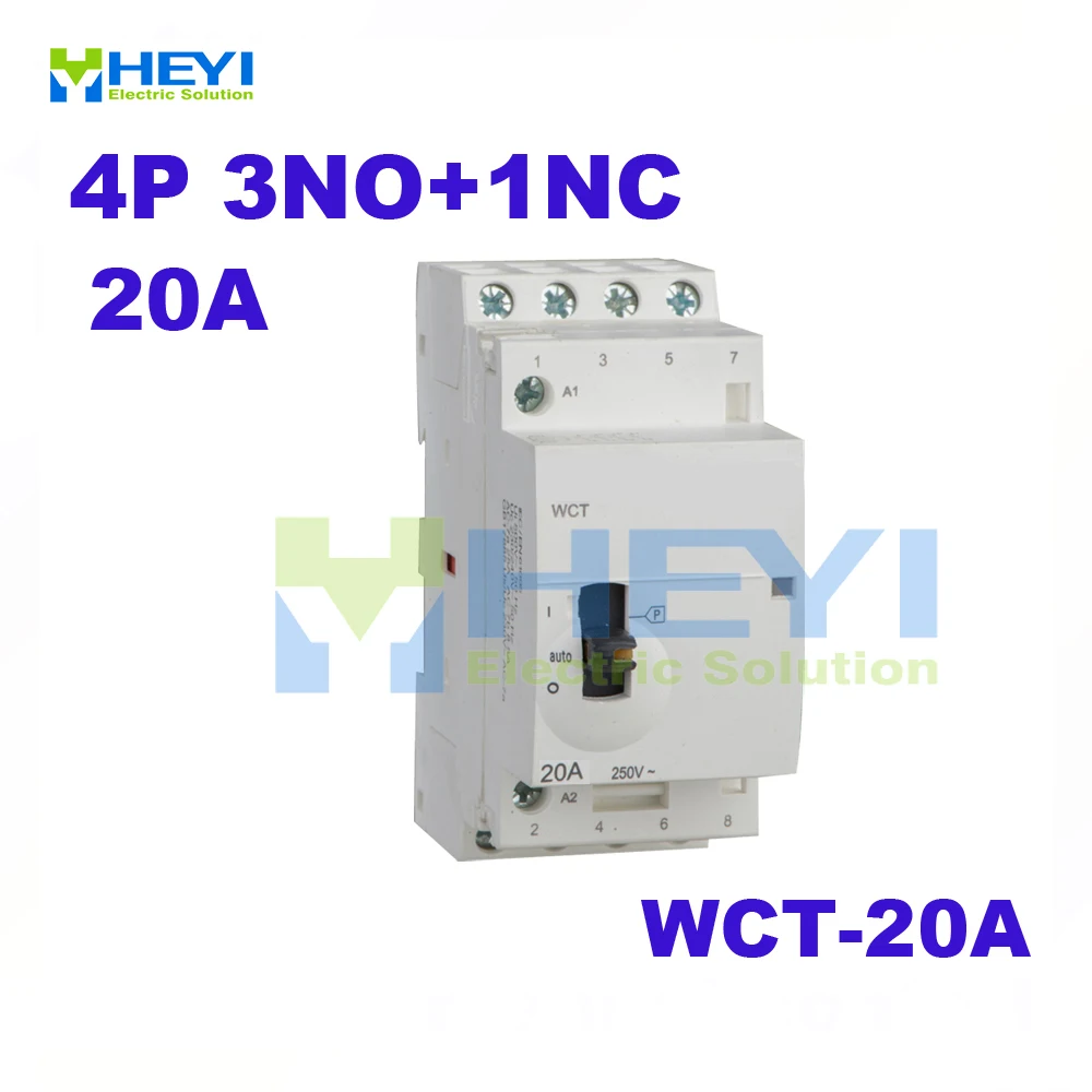 

WCT-20A с ручным управлением, 4-полюсный бытовой контактор 220 В переменного тока, 50 Гц, контактор din-рейки 3NO + 1NC