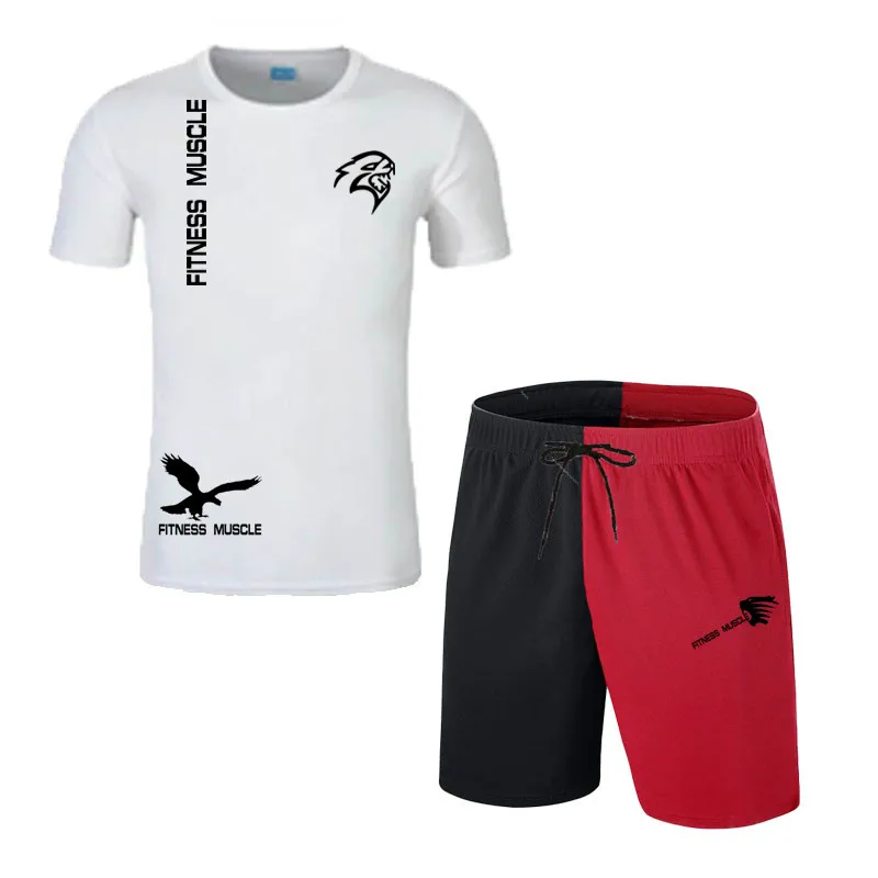 

New Men's Summer SportSwear Suit T-Shirt + Shorts Stitching Two-Piece Quick-Drying Breathable Wicking M---3XL