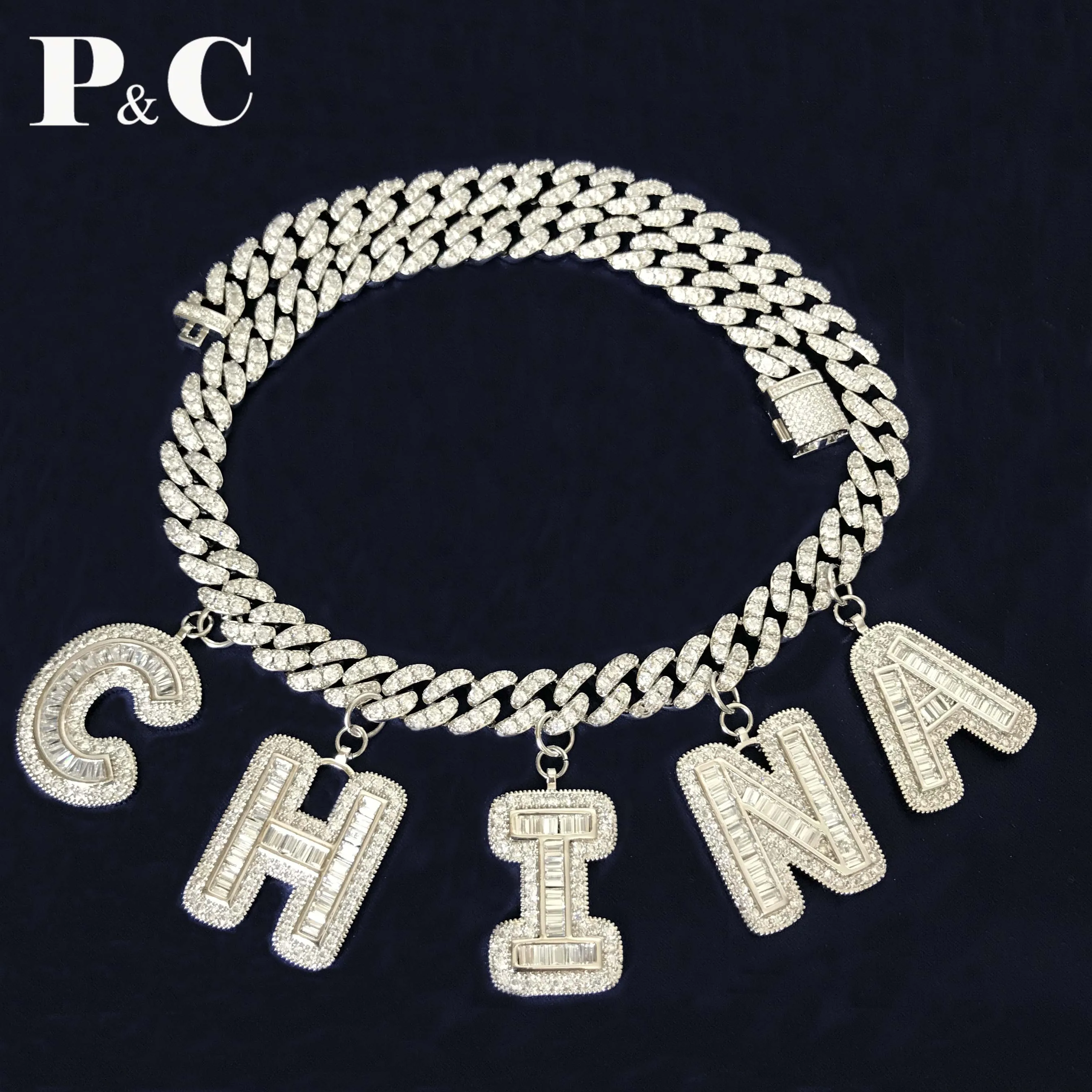 

Replaceable Custom name Baguette Letter with 10mm Miami Cuabn chain Necklace Jewelry Hip Hop Rock Jewelry Wholesale