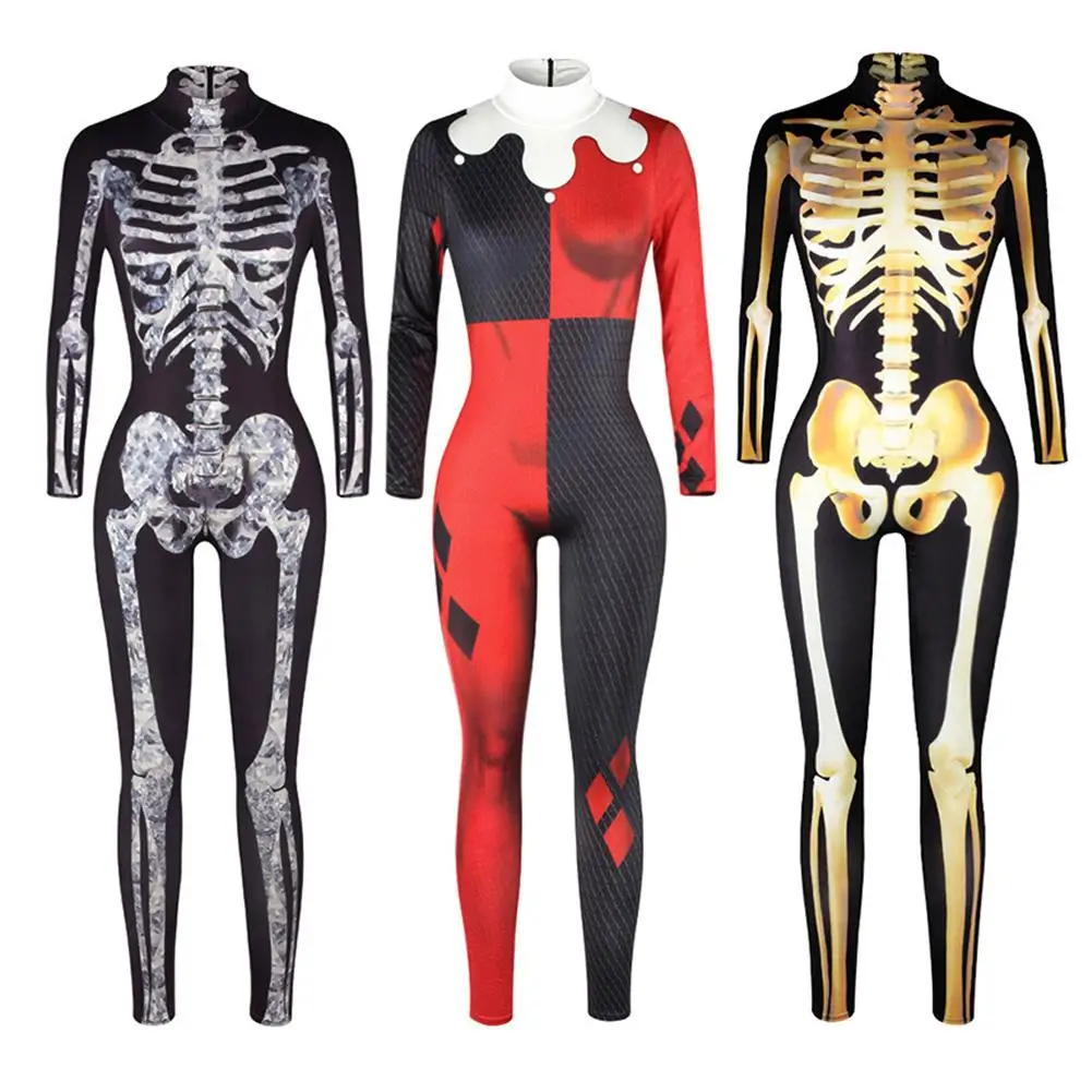 

Women Halloween Cosplay Long Sleeve Soft Scary Skeleton Print Jumpsuit Bodycon Party Carnival Costume Bodysuit Adult 3 Styles