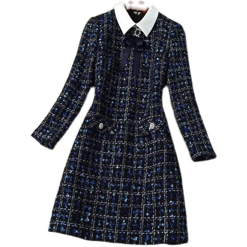 

2020 New Autumn Winter Plaid Office Dress Women Turn-down Collar Wrist Sleeve Sexy Mini Dress Elegant Club Party Dresses Vestido