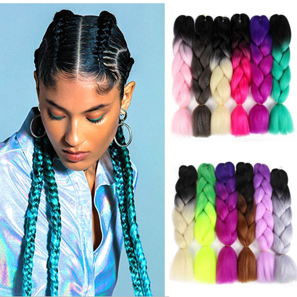 

SAMBRAID 24Inch Synthetic Long Jumbo Crochet Braiding Hair Ombre Hair For Women Colorful Braids 100g Rainbow Hair Gray Green
