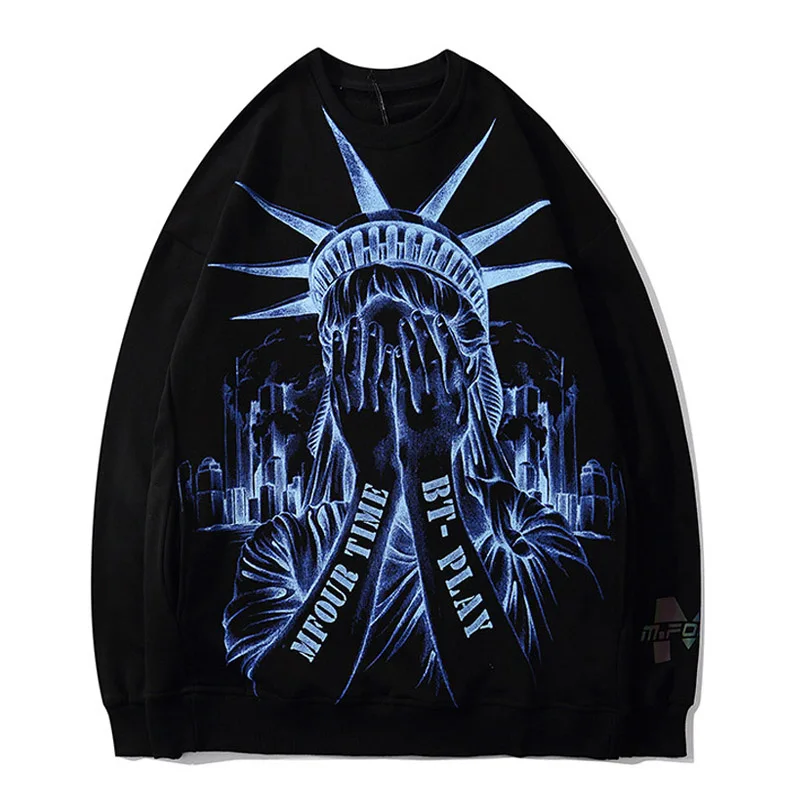 

Men High Street Sweatshirt Statue of Liberty Printing Reflective Pullover Vintage Causal Loose Tops Couple Streetwear Autumn New