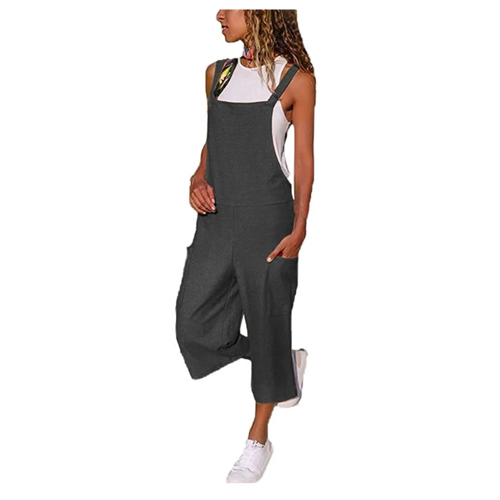 

High Waist Bow Strap Solid Casual Jumpsuits Women Summer Pocket Sleeveless Overall Jumpsuit Long Straight Female 2021#23