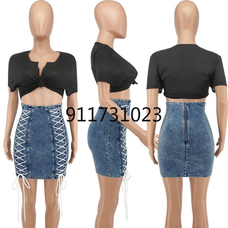 2021 New Women Denim Short Skirt High Waist Zipper-up Bandage Y2k Harajuku Sexy Bodycon Jean Party Nightclub Outfits | Женские юбки