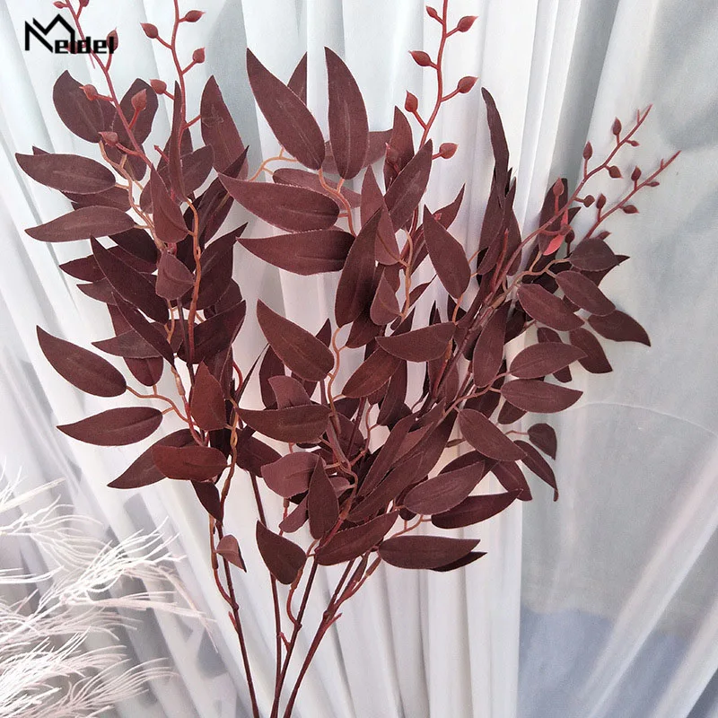 deep red Meldel Wedding Bouquet Decoration Artificial White Flower Plant Silk Flower Home Vase Decor Willow Leaf Green Grass Fake Flowers - Color: deep red