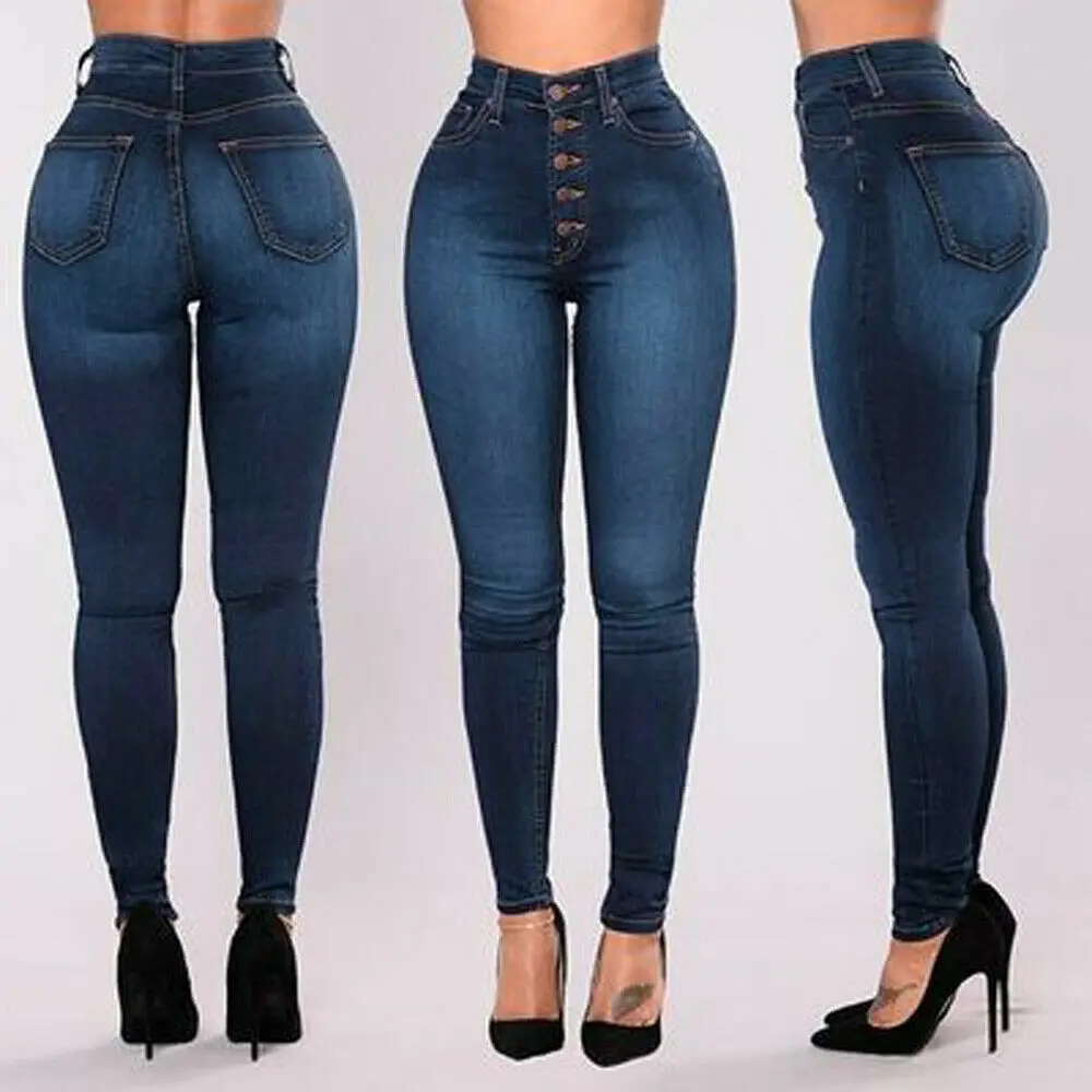

Women New High Waisted Skinny Denim Jeans Stretch Slim Pants Calf Length Jeans