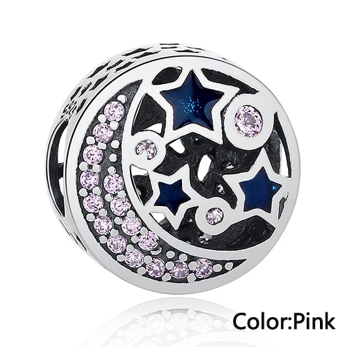 ELESHE 925 Sterling Silvrer Pink Clear CZ Moon Night Sky Star Charm Fit Original Charm Bracelets Necklaces DIY Jewelry Making - Цвет: Pink