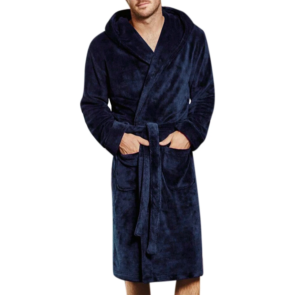 

Men's Luxury Long Bath Robe Dressing Gown Hooded Fluffy Fleece Long Sleeve Pocket Bathrobe