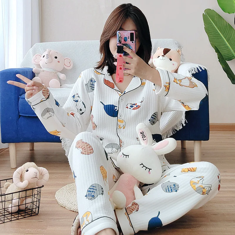2022 Thick Warm Winter Pajamas For Women 100%Cotton Home Suit Cartoon Cat Printed Sleepwear Female 2Pcs Long Sleeve Homewear Set