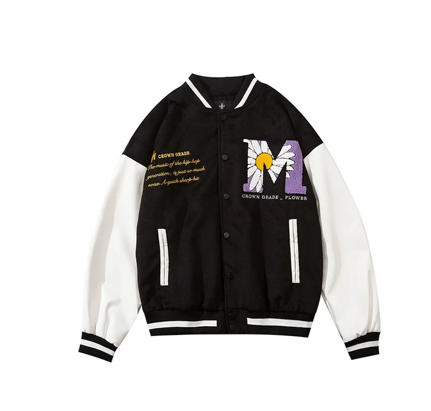 

Мужская бейсбольная куртка в японском стиле Харадзюку, свободная уличная одежда в стиле хип-хоп, пэчворк, Бомбер с вышивкой ромашки, бейсбол...
