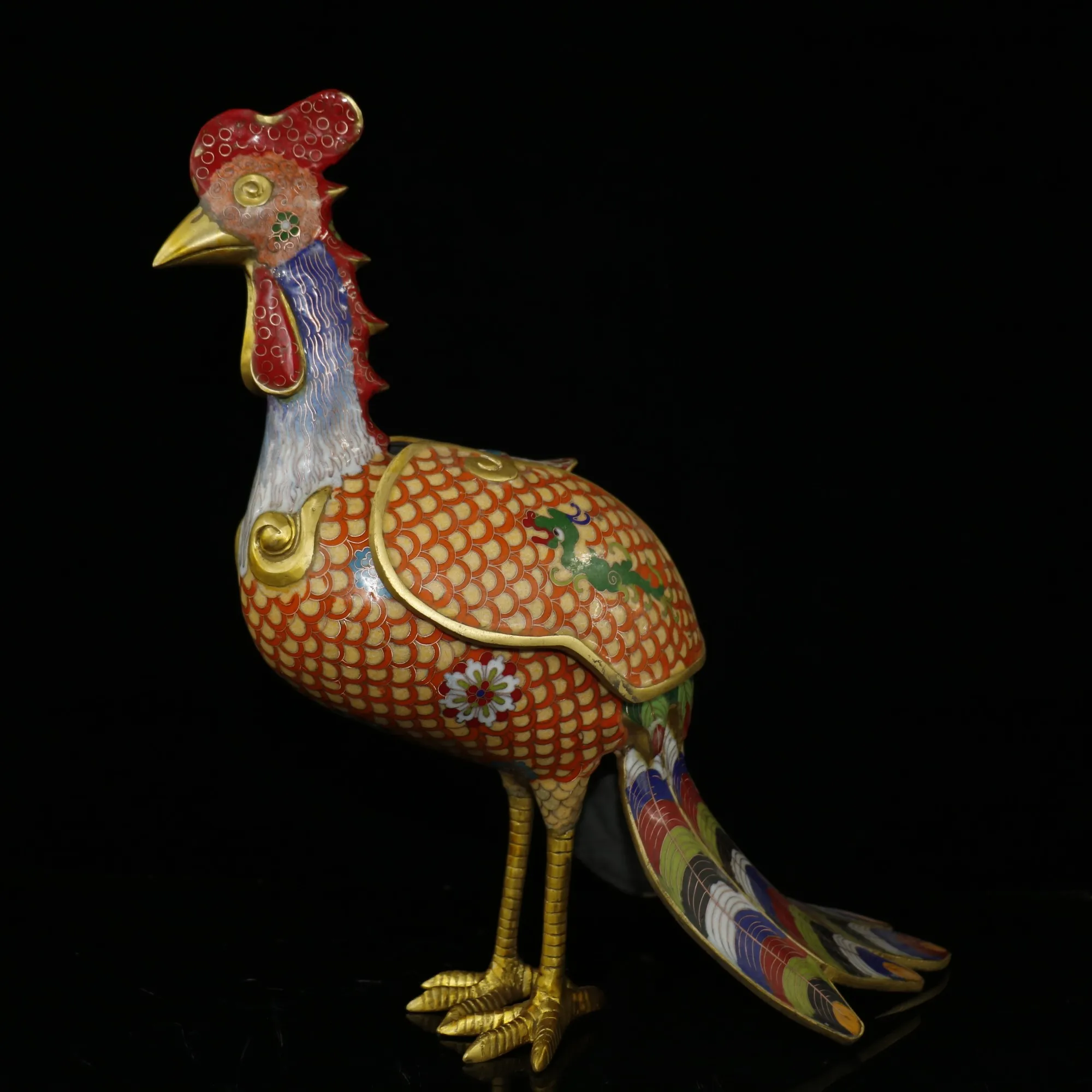 

17" Tibet Buddhism Old Bronze Cloisonne Enamel Rooster statue Long tailed cock Golden Rooster Primula Incense burner Lucky