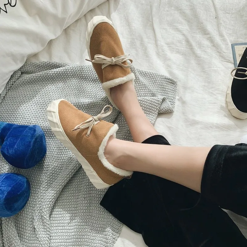Осенне-зимние женские теплые хлопковые туфли с бантиком и помпоном короткие