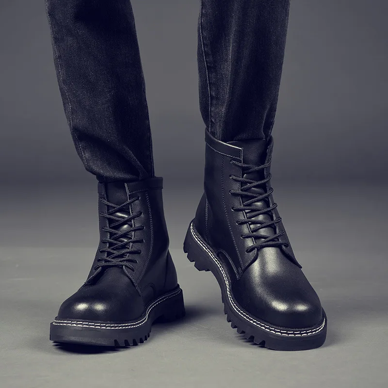 Ботильоны мужские из бычьей кожи кожаные ботинки на шнуровке зимняя обувь