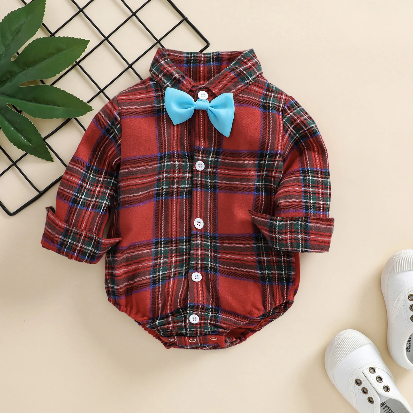 

Baby Clothing Plaid Printed Short Romper Boys Long Sleeves Lapel Neck Jumpsuits with Bow Tie Toddlers Spring Autumn Clothing