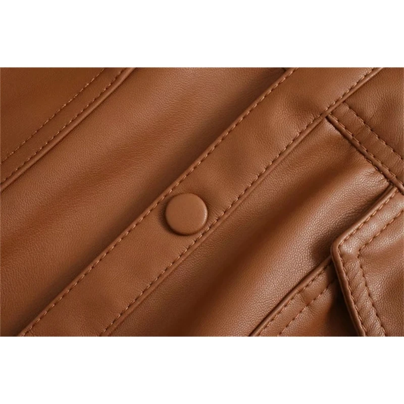 

YOSICIL Women Faux Leather Brown Jacket Long Sleeve Solid Office Bandage Coat Female Turn Down Collar Casual Pocket Coat Lady