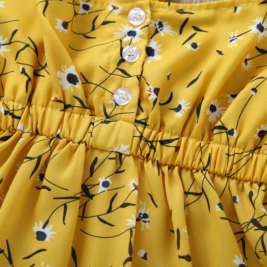 Желтое платье на подтяжках для девочек летняя детская одежда с оборками и