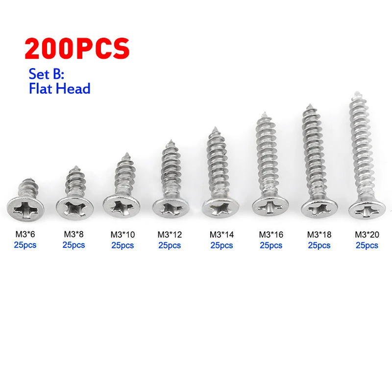 

200pcs M3 Stainless Steel Flat Head Screws Kits High strength Self-Tapping Screws Assortment Set For Wood Furniture