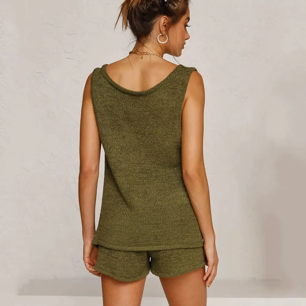 

2 Piece Summer Women Striped Beach Tracksuit Cozy Knitted V-neck Set Female Crop Top Casual Solid Color Shorts Matching Outfits