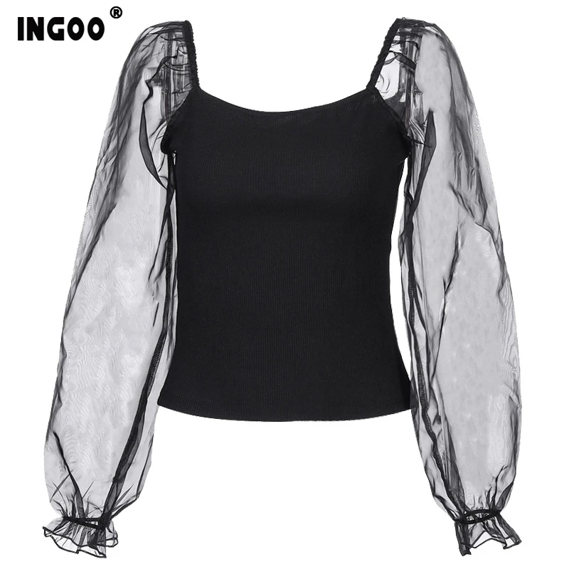 INGOO элегантная сетчатая пышная женская рубашка с длинным рукавом 2020 Весенняя