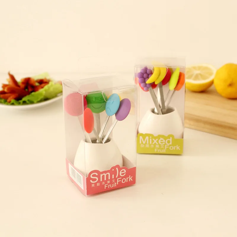 

6 PCS A Set Cute Mini Animal Cartoon Forks Stainless Steel Fruit Picks Dessert Coffee Ceramic Handle Party Supplies For Kids